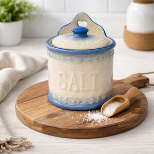 Vintage Blue White Stoneware Hanging Crock Salt Box Cellar with Lid Farmhouse